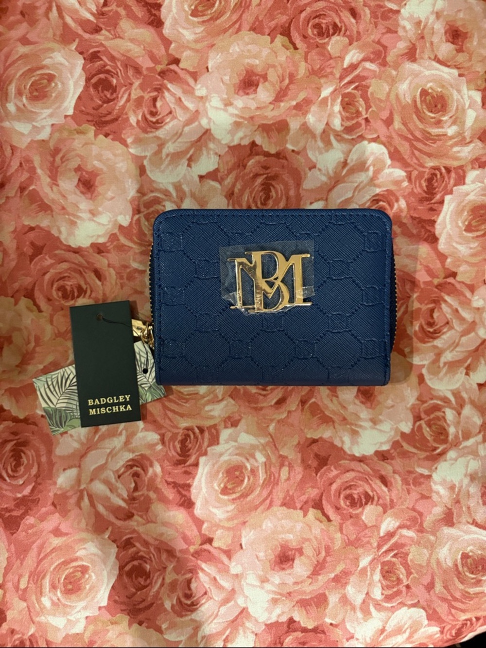 Badgley Mischka Royal Blue Textured Zip Card Case with Gold Logo